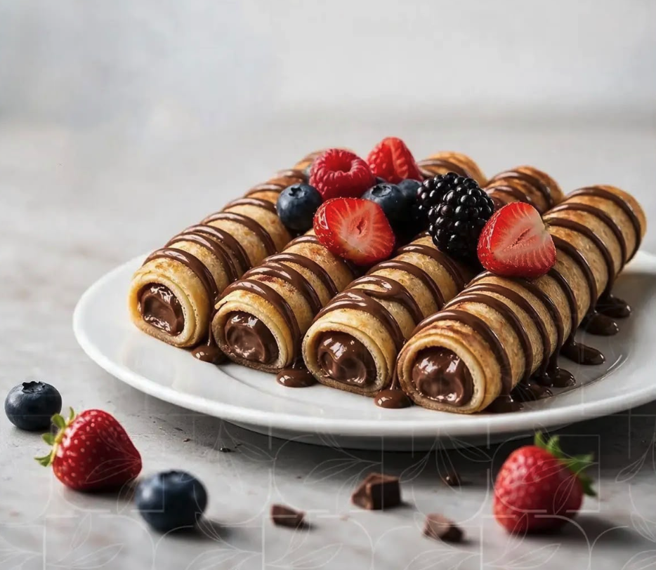 Chocolate crepe rolls with berries