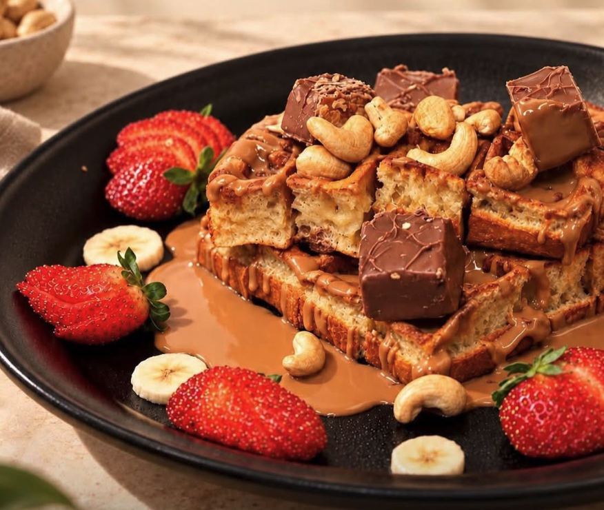 Golden waffle with chocolate, fruit and cashews